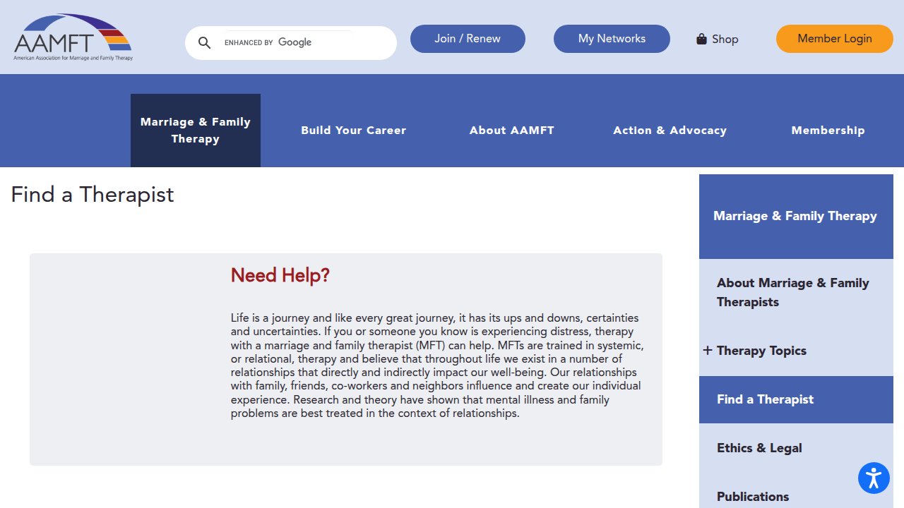 A screenshot of the American Association for Marriage and Family Therapy (AAMFT) 'Find a Therapist' tool, showcasing search functionalities.