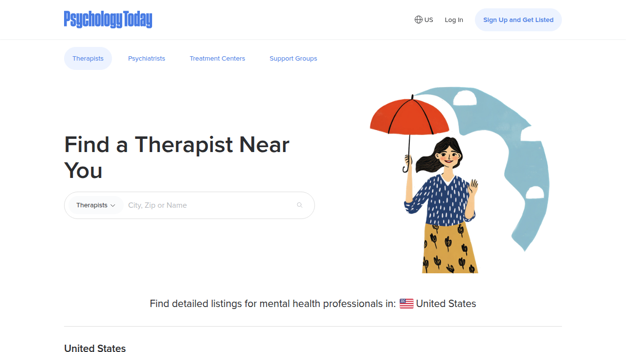 A screenshot of the Psychology Today therapist directory, showing search filters for location, insurance, and specific issues.