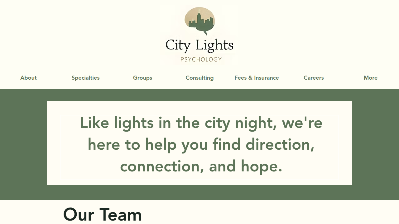 A screenshot of the City Lights Psychology website homepage, referencing discussions around destigmatizing couples therapy.
