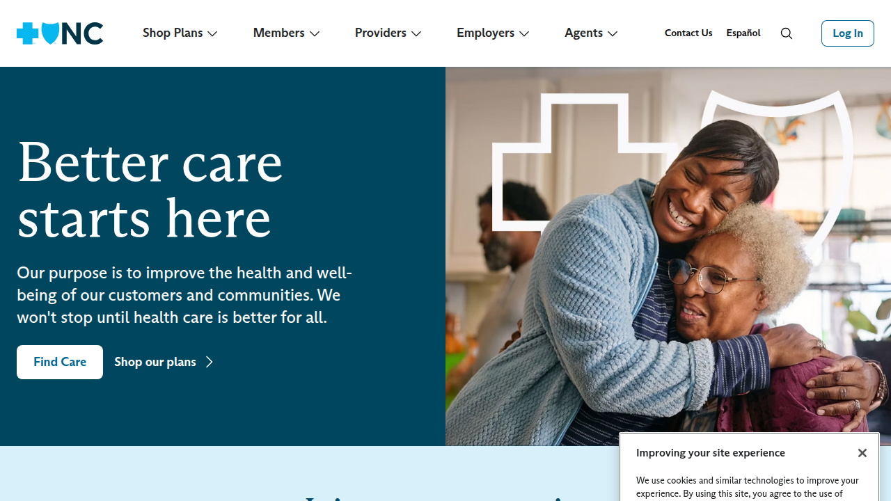 The homepage of Blue Cross NC, illustrating resources for health insurance and policy information.