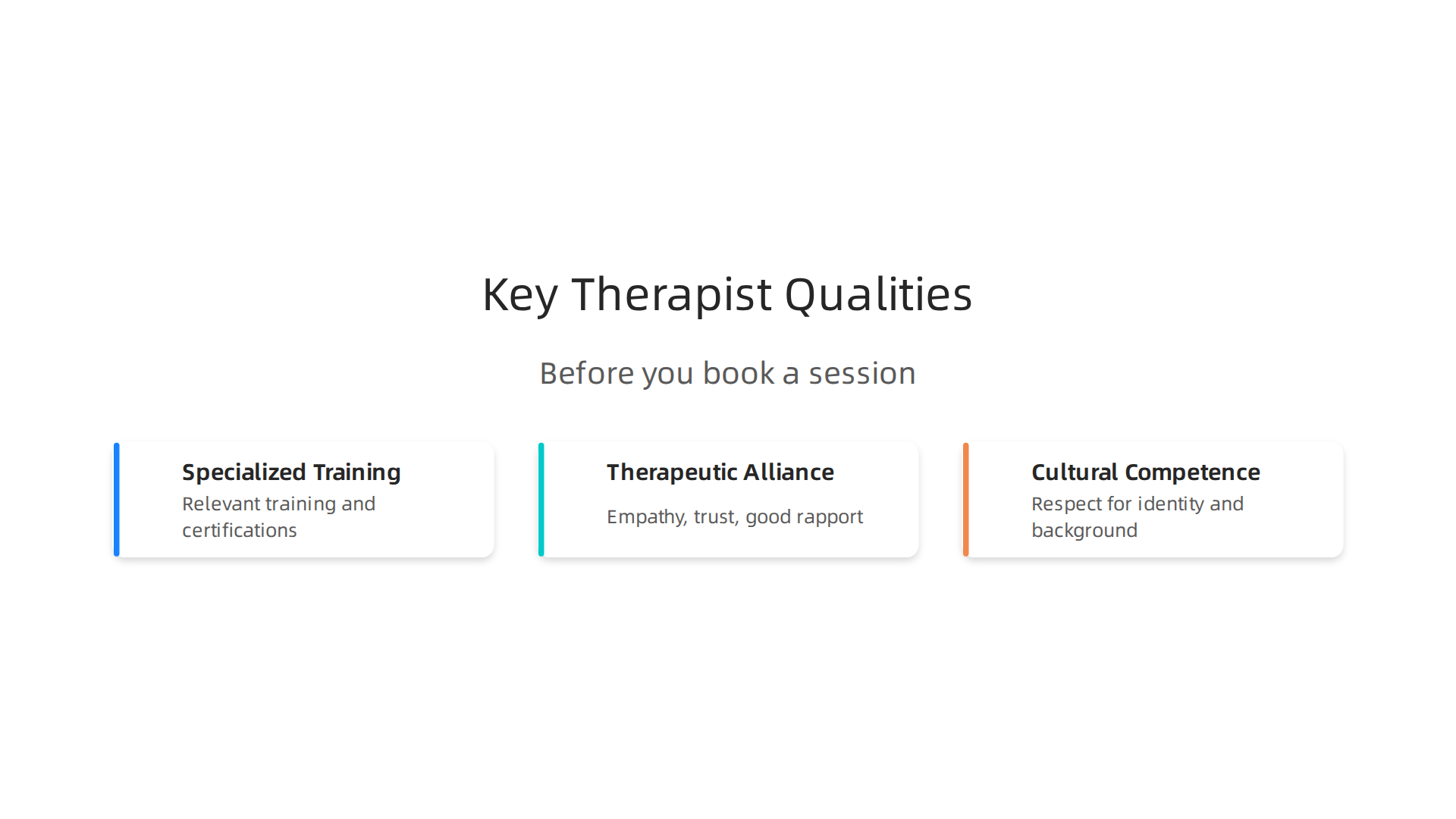 An infographic outlining the essential qualities to seek in a therapist for breakup recovery, emphasizing specialized training, therapeutic alliance, and cultural competence.