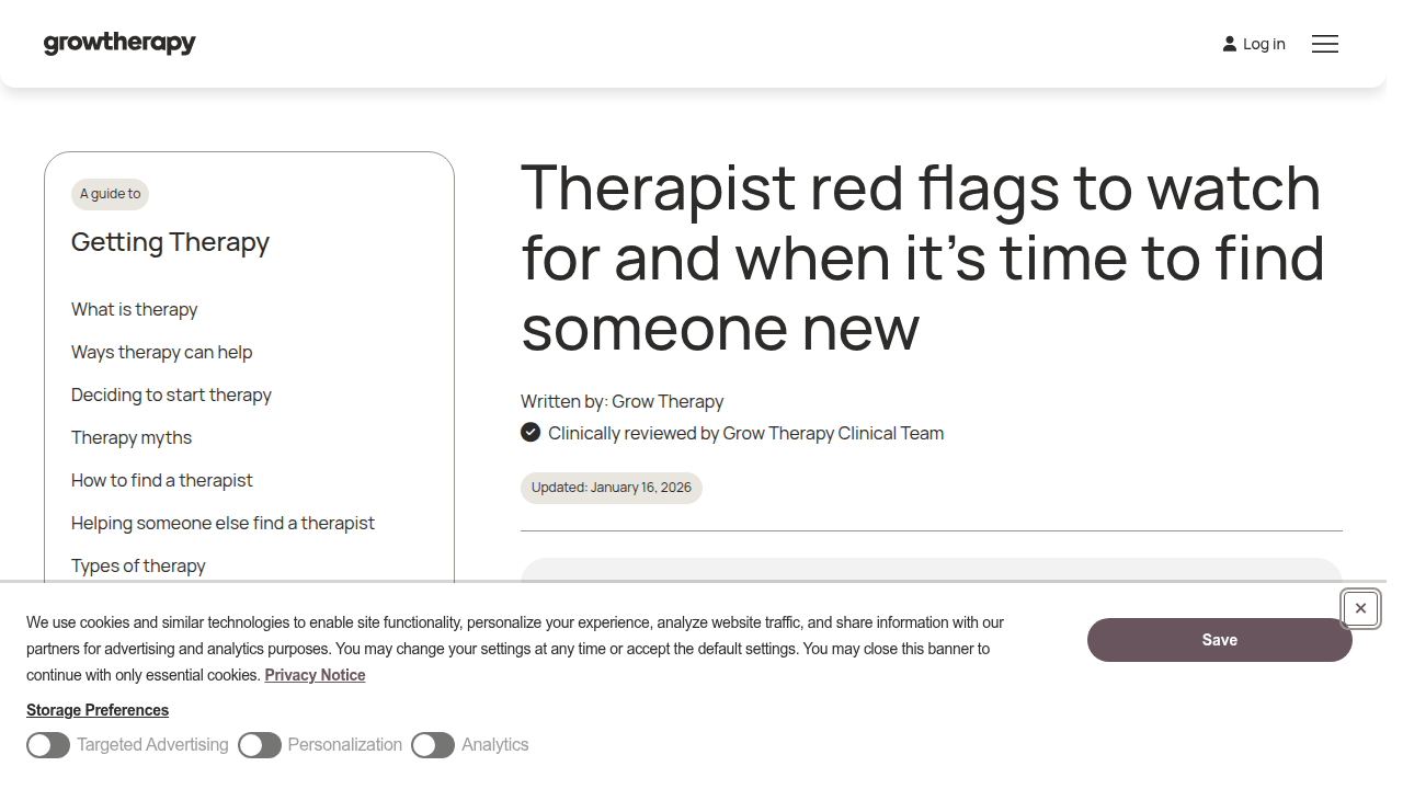 A screenshot from Grow Therapy discussing red flags to watch for when evaluating a therapist, emphasizing the importance of a strong therapeutic alliance.