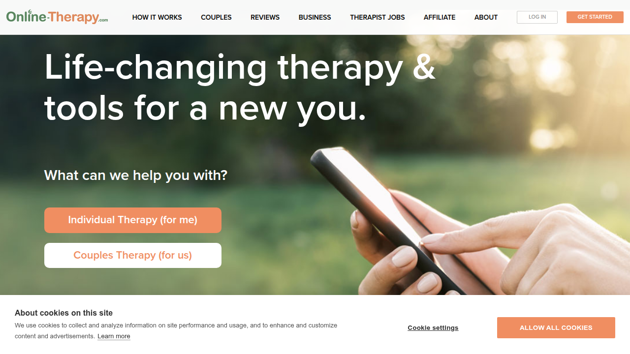 The homepage of Online-Therapy.com, an online platform known for its CBT-focused sessions.