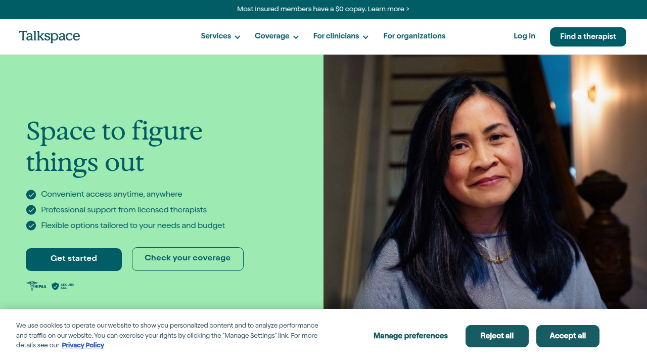 The homepage of Talkspace, an online therapy platform that helps connect users with licensed professionals based on their schedule and budget.