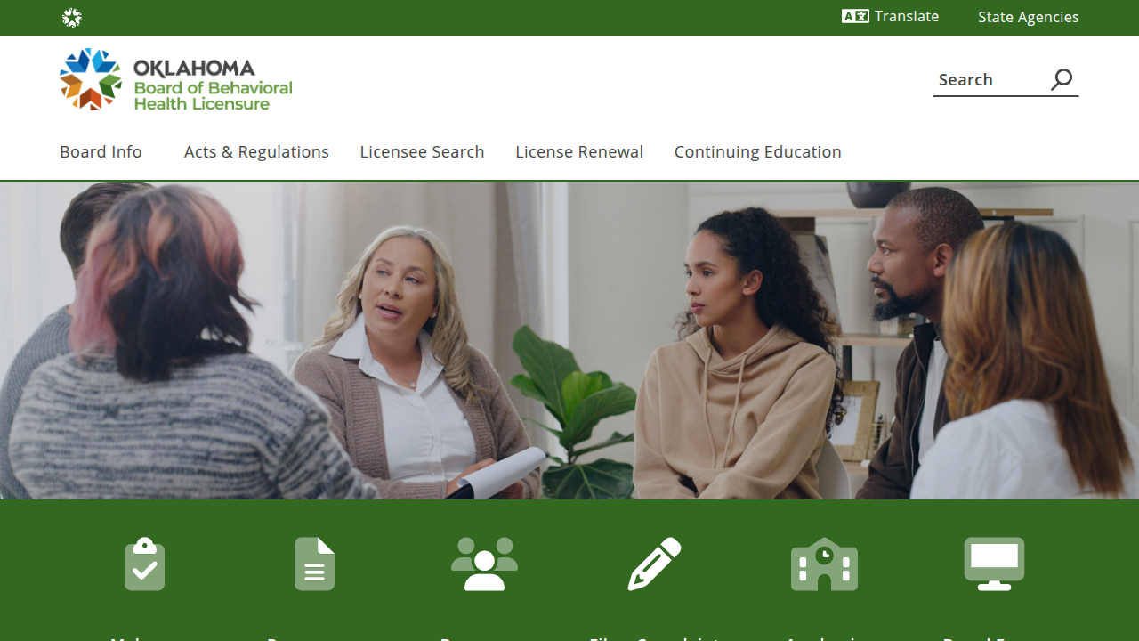 Screenshot of the Oklahoma State Board of Behavioral Health Licensure website, where licenses can be verified.