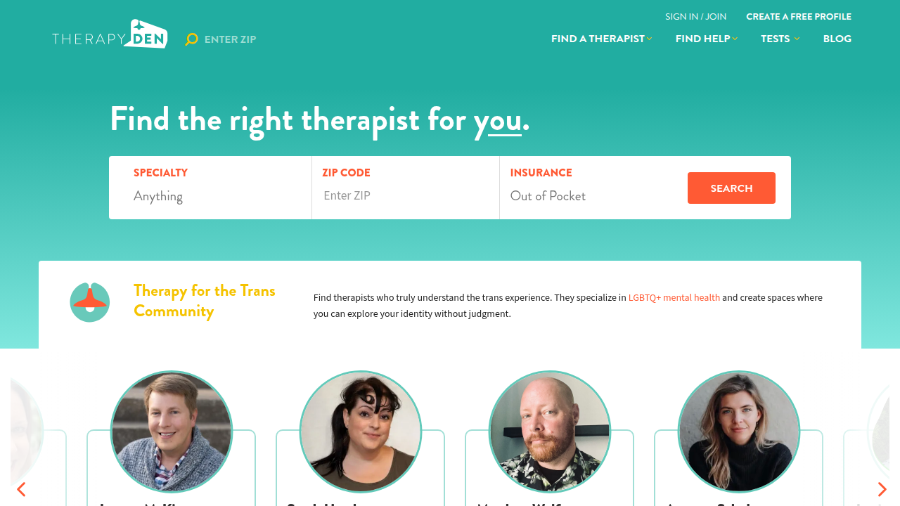 Screenshot of the TherapyDen homepage, an online directory for finding therapists with specific filters.