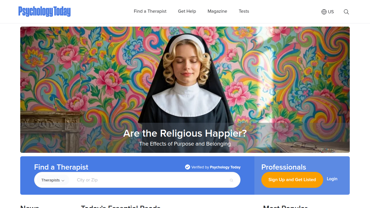 Screenshot of the Psychology Today therapist directory, a specialized platform for finding mental health professionals.