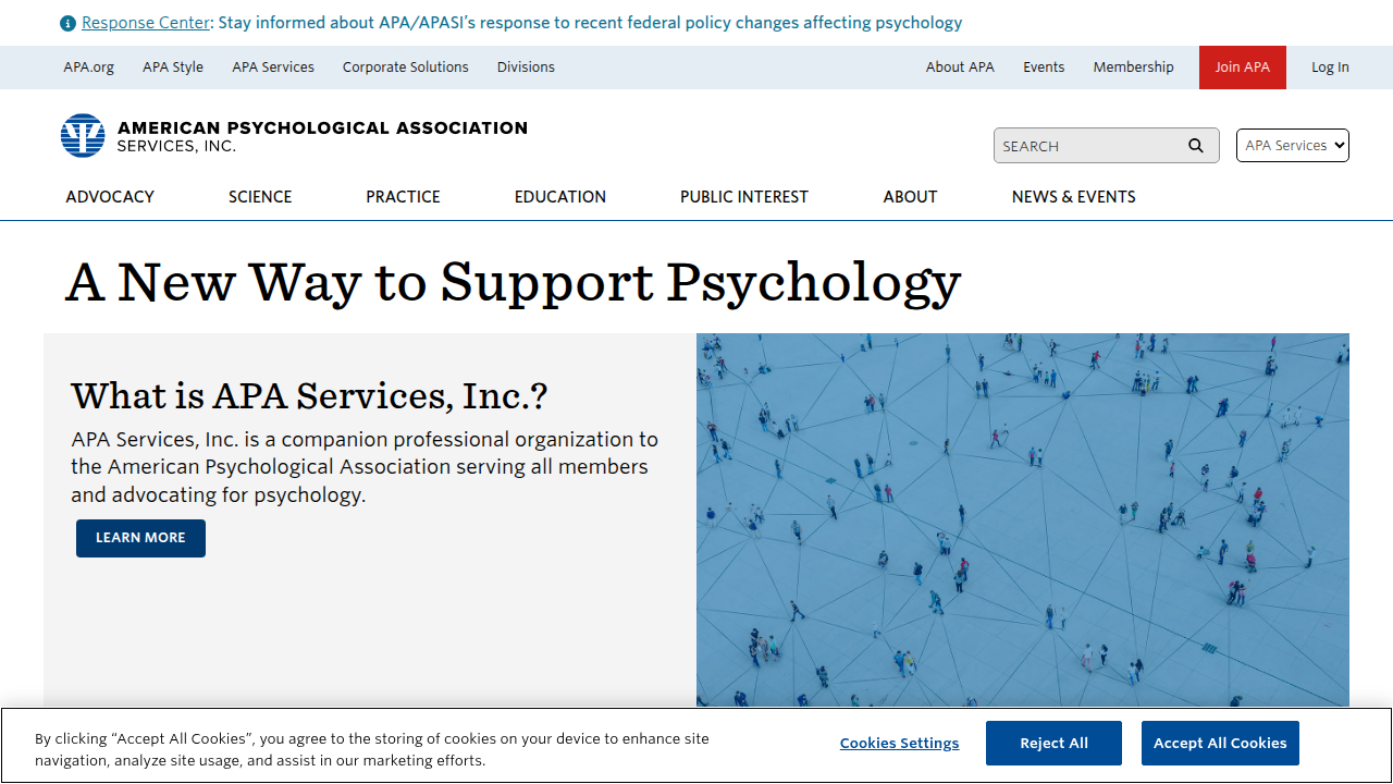 APA Services website, an organization involved in mental health policy and advocacy, influencing access to care.
