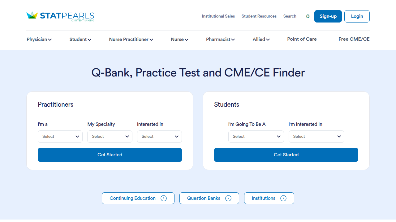Screenshot of the StatPearls website homepage, offering comprehensive clinical resource information.