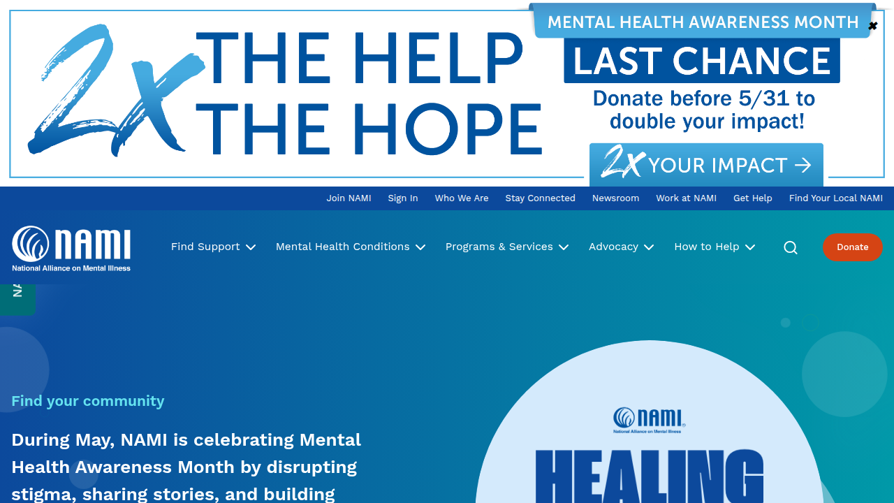 Screenshot of the NAMI (National Alliance on Mental Illness) homepage, offering support and education for mental health.