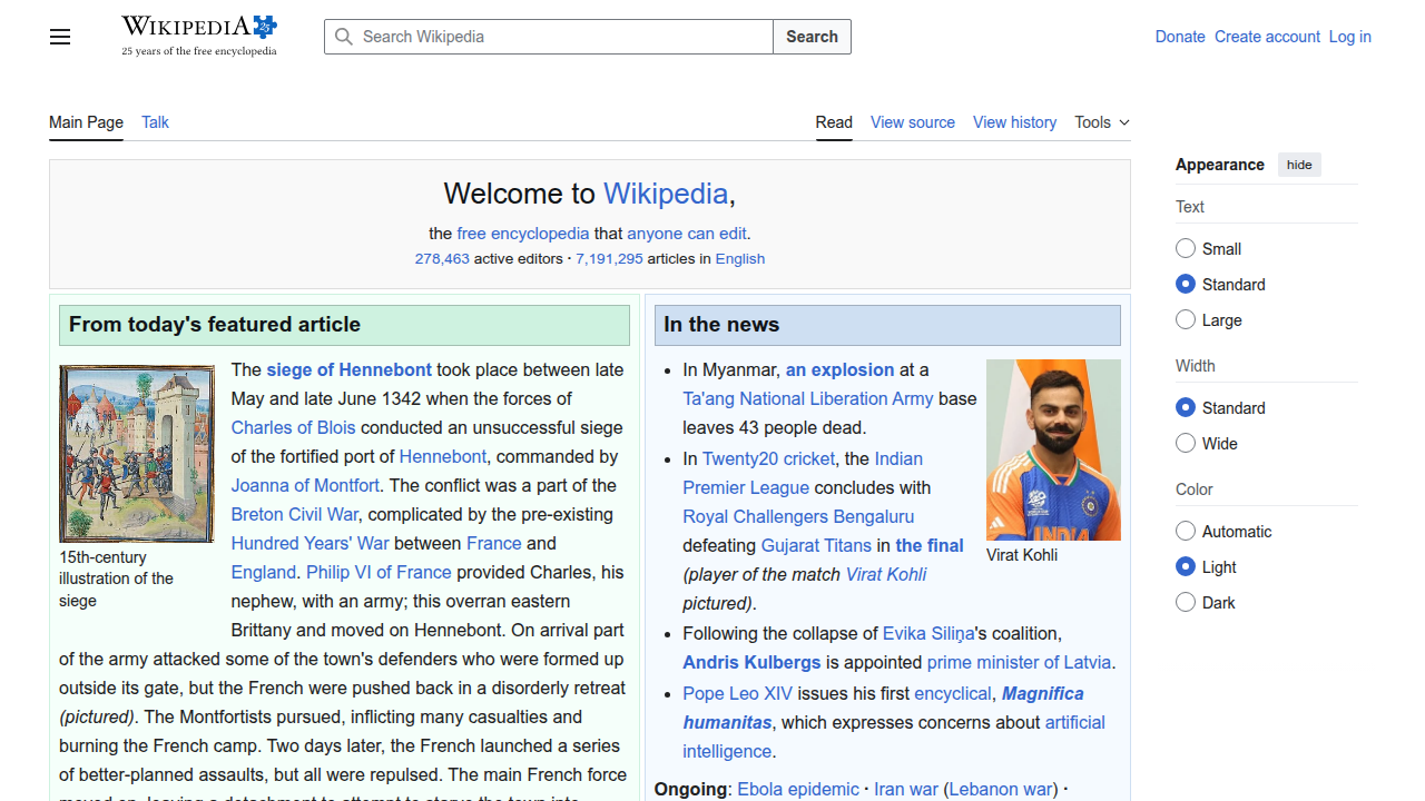 The Wikipedia homepage, a vast resource for information, including medical abbreviations and terminology.