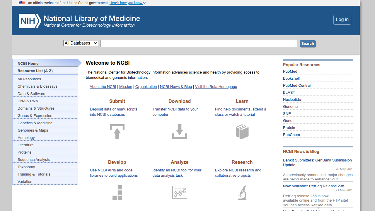 The homepage for the National Center for Biotechnology Information (NCBI), a source for biomedical and genomic research.