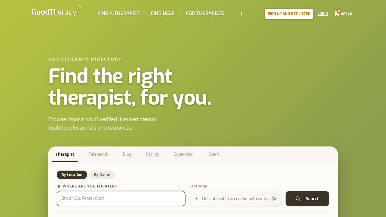 Discover therapists through GoodTherapy, an excellent directory focusing on thoughtful client feedback and ethical practice.