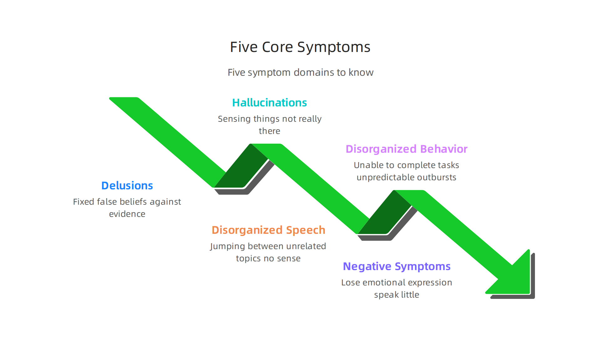 A visual representation of the five core symptom domains required for a schizophrenia diagnosis according to DSM-5.