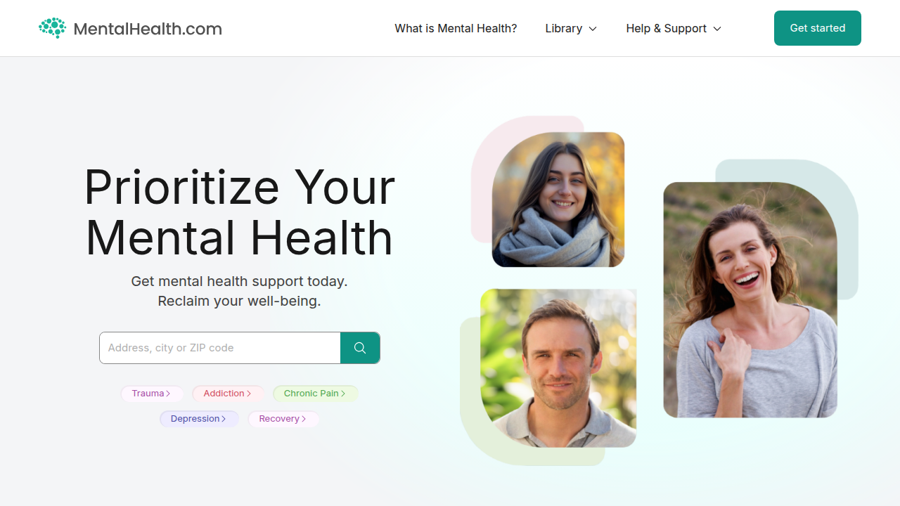 Screenshot of MentalHealth.com homepage, a resource for diagnostic criteria and mental health information.