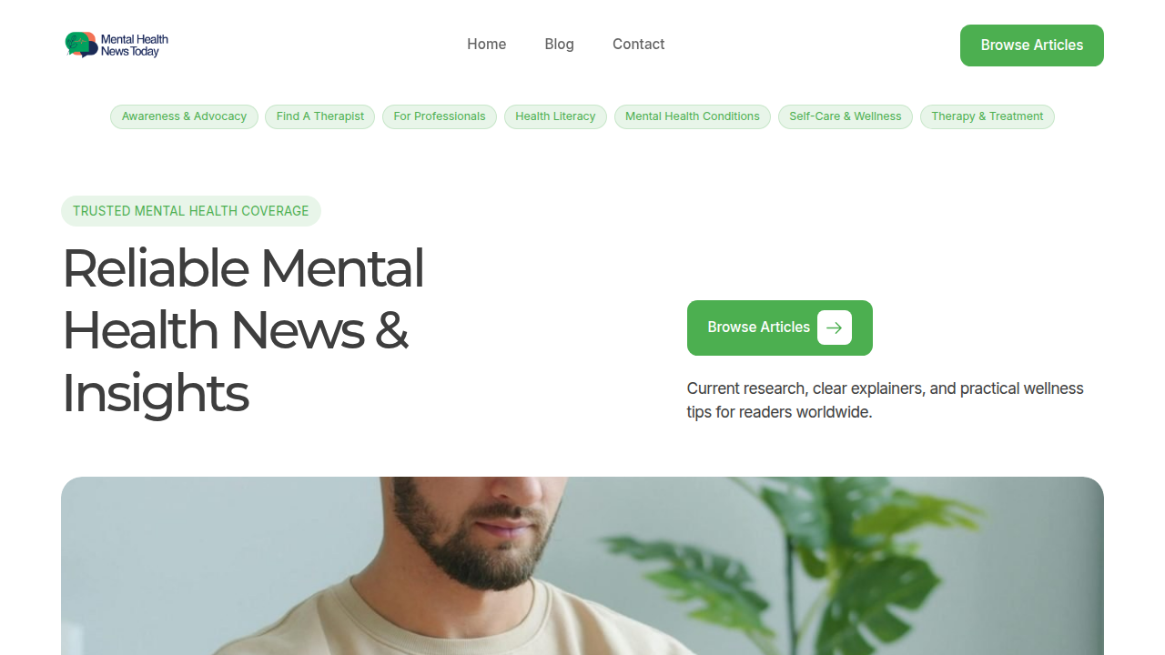 Screenshot of Mental Health News Today homepage, a source for understanding diagnostic criteria and mental health conditions.