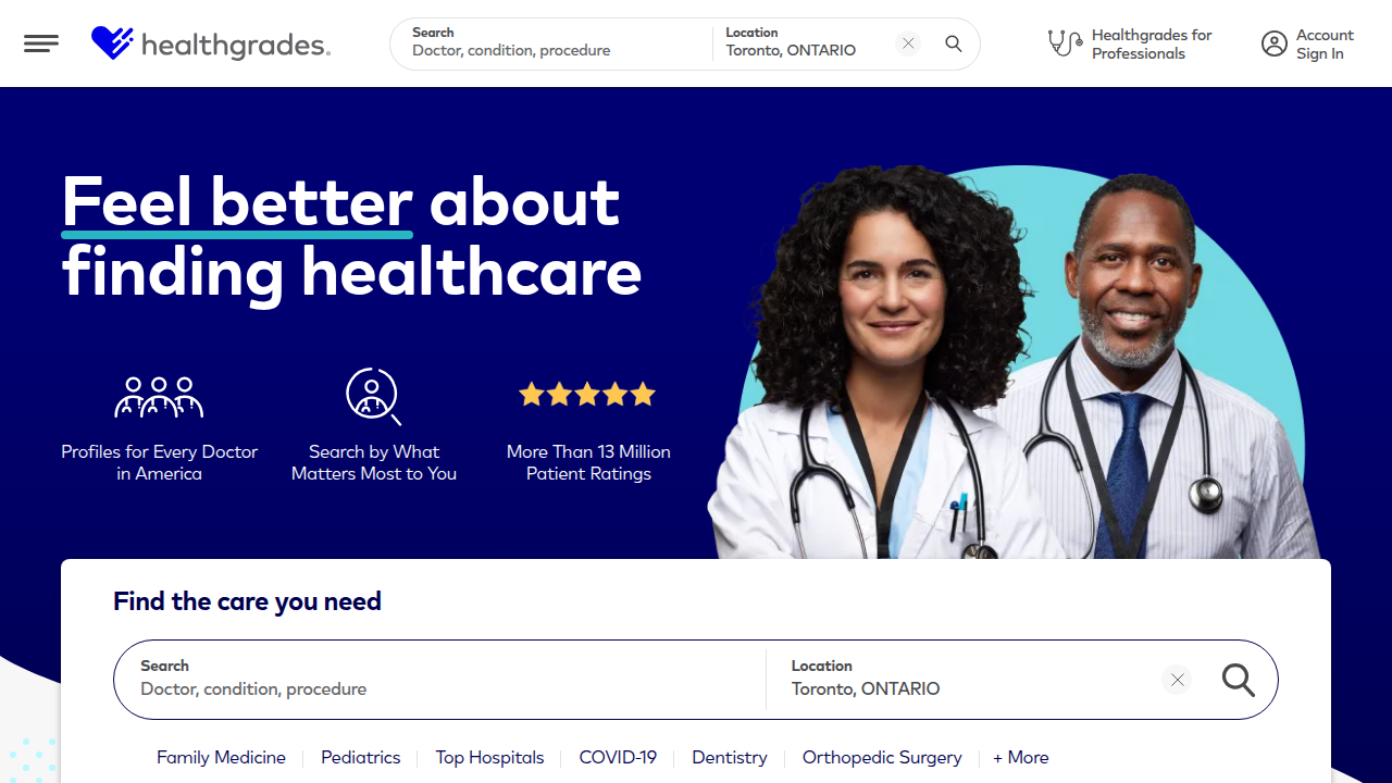 Screenshot of Healthgrades homepage, an independent review website for finding and rating doctors.