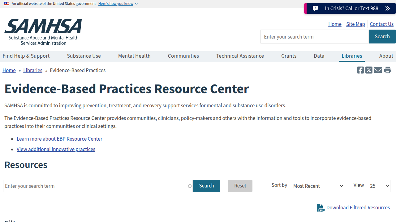 Screenshot of the SAMHSA Evidence-Based Practices Resource Center, providing information on proven mental health treatments.
