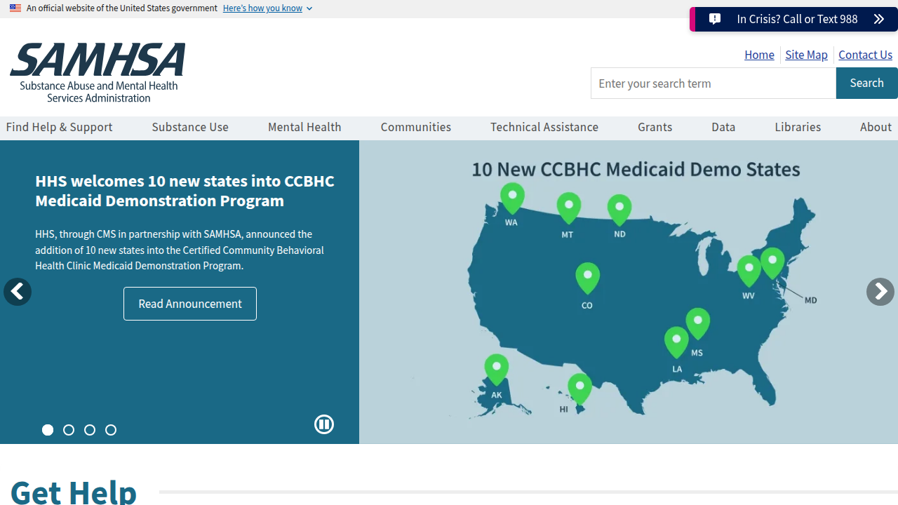 Screenshot of the Substance Abuse and Mental Health Services Administration (SAMHSA) website.