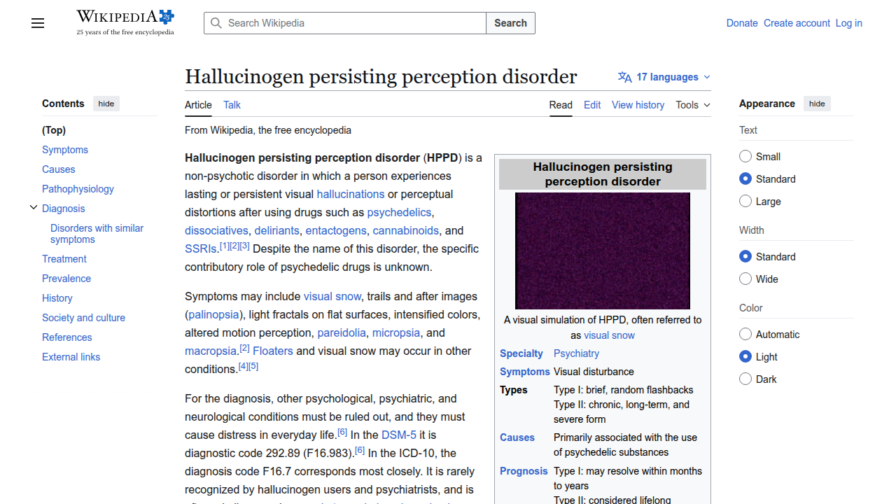 A screenshot of the Wikipedia page for Hallucinogen Persisting Perception Disorder, providing a comprehensive overview.
