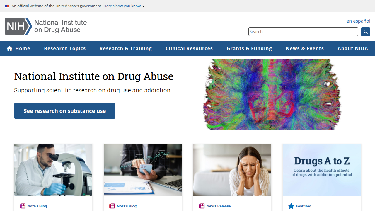 A screenshot of the National Institute on Drug Abuse (NIDA) website, a source for information on psychedelic and dissociative drugs.