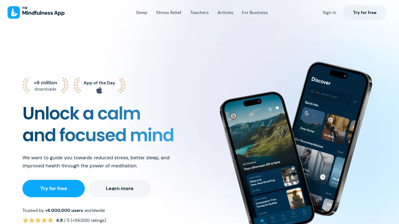 Screenshot of The Mindfulness App homepage, an example of digital tools that can guide users through relaxation practices like PMR.