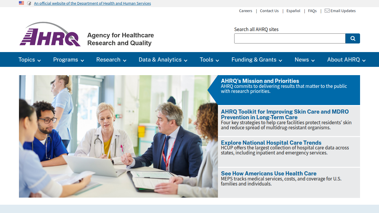 A screenshot of the AHRQ website, highlighting resources like the PEMAT tool designed to help clinics create easy-to-understand patient education materials.