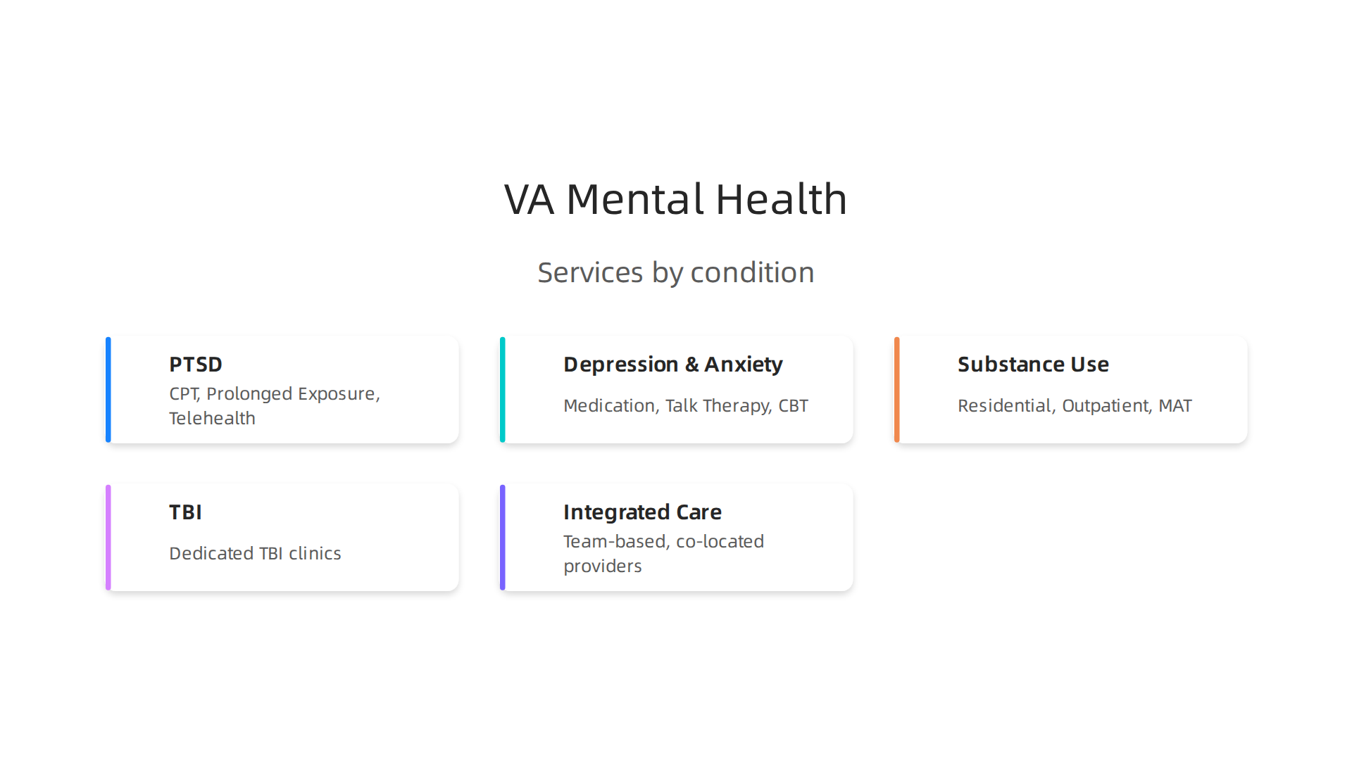 An overview of the specific mental health conditions treated by the VA and the primary services offered for each.