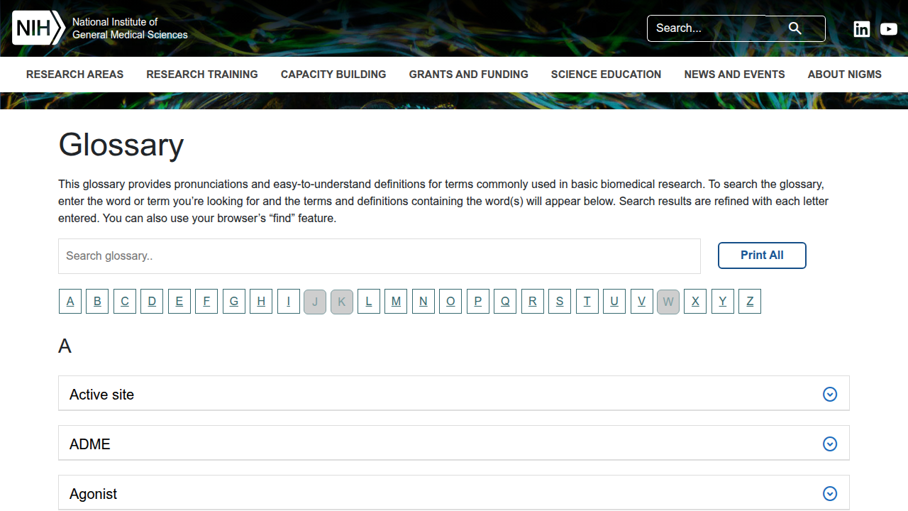The online glossary from the National Institute of General Medical Sciences, providing definitions for biomedical research terms.