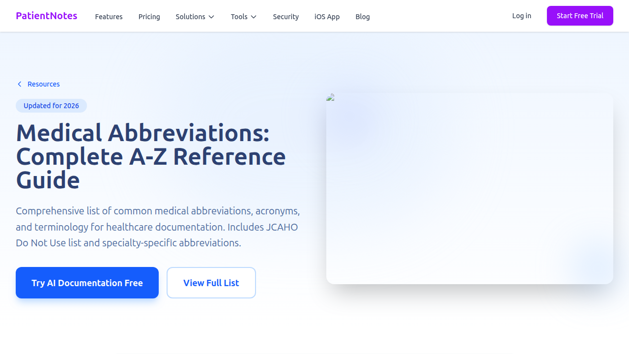 Screenshot of PatientNotes.ai, a resource offering a comprehensive guide to medical abbreviations for enhanced health literacy.