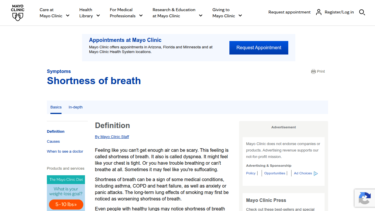Screenshot of Mayo Clinic's website, providing in-depth information and definitions for shortness of breath symptoms.