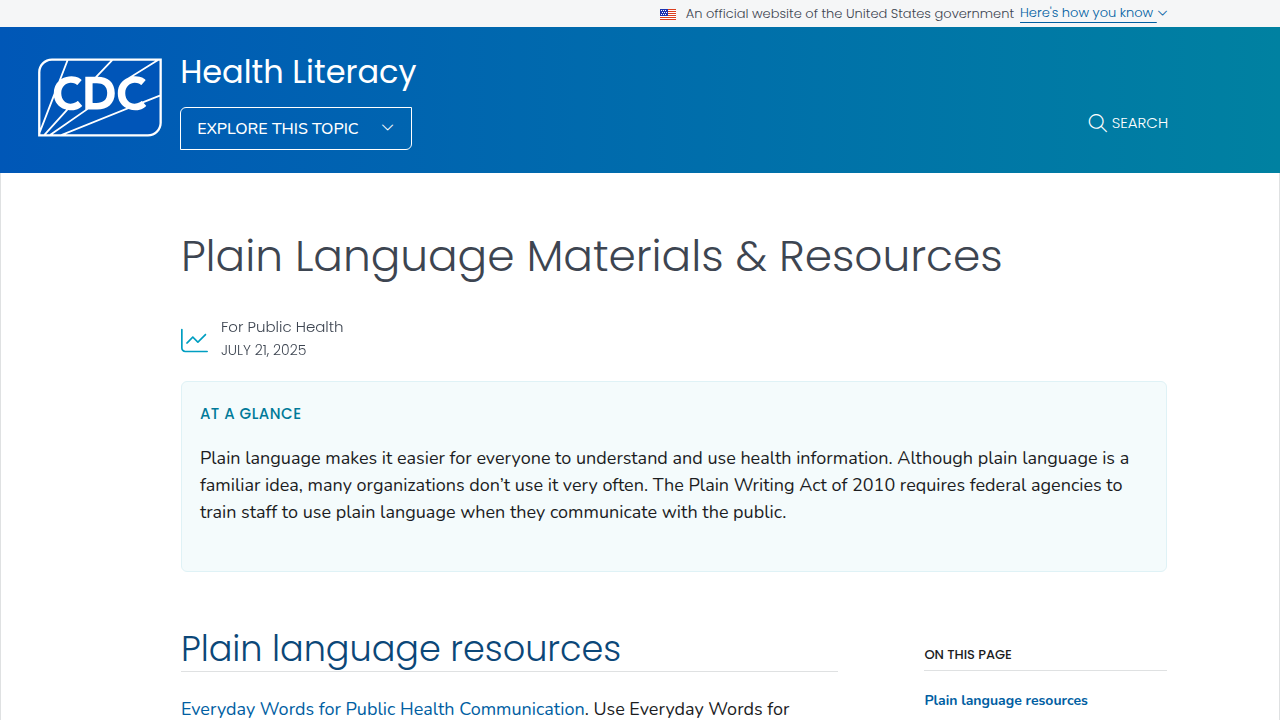 Screenshot of the CDC's Health Literacy Online page, offering resources to help healthcare providers use plain language.