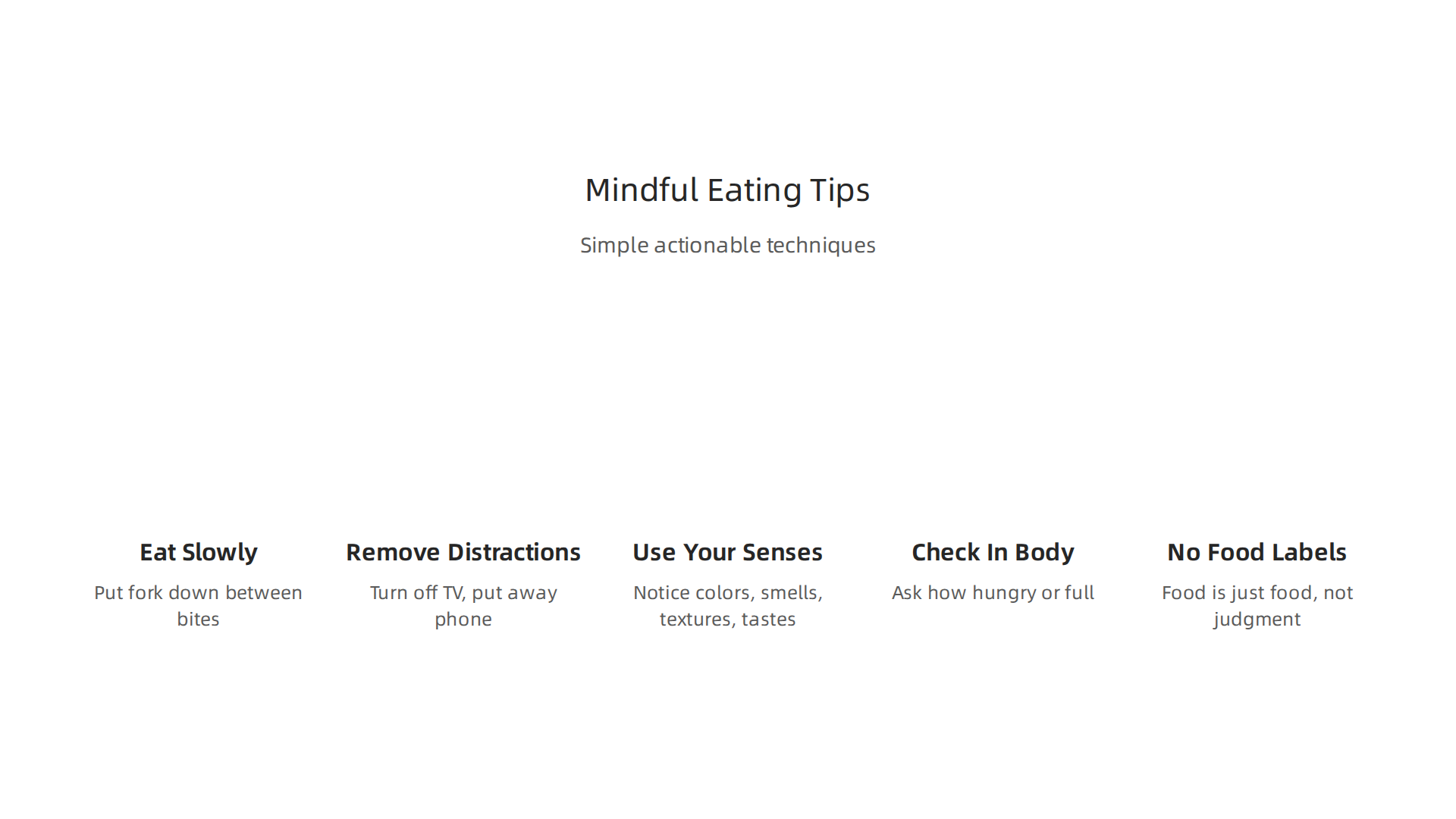 An infographic detailing simple, actionable techniques for practicing mindful eating to improve food awareness.